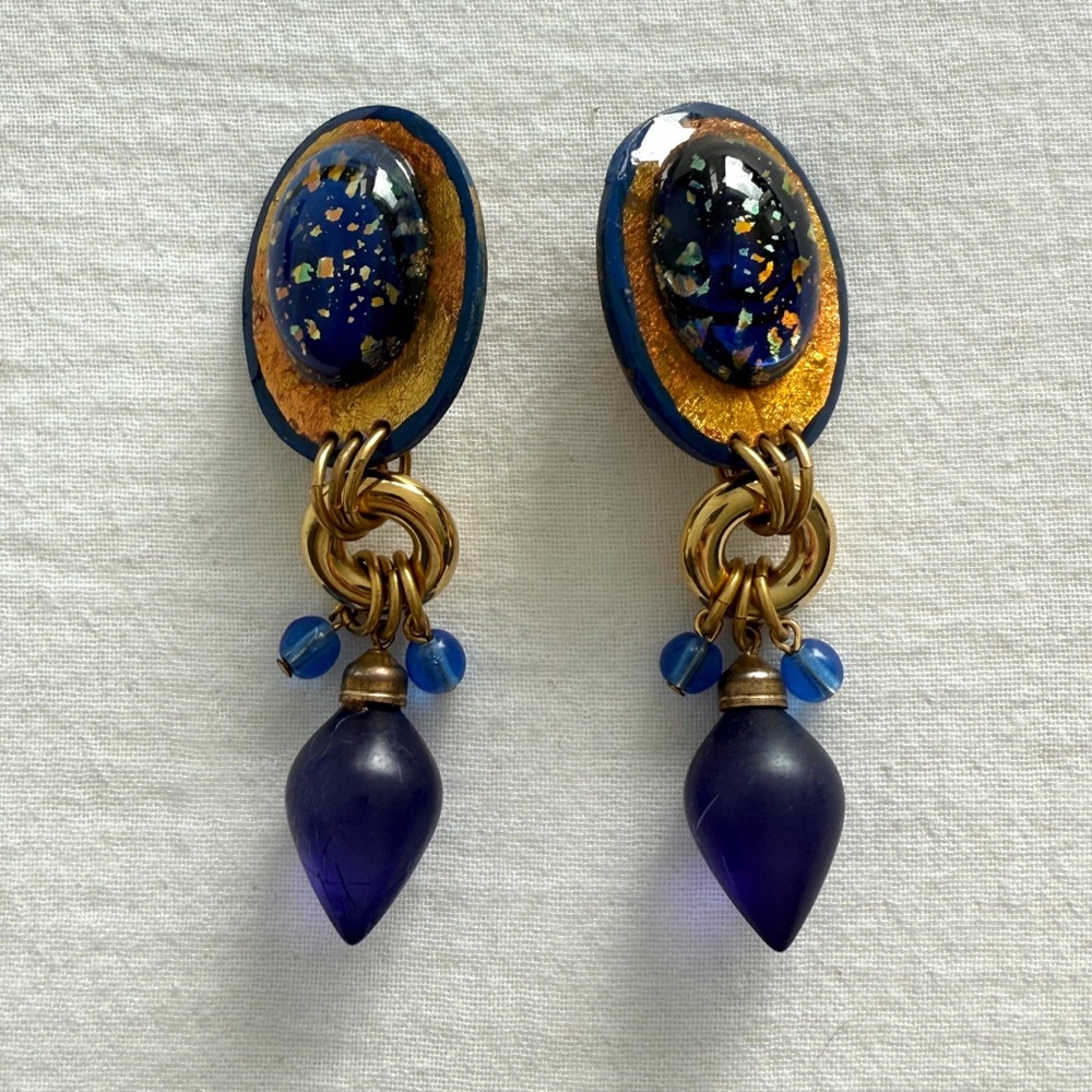 Large Vintage Blue & Gold Clip-on Dangle Earrings